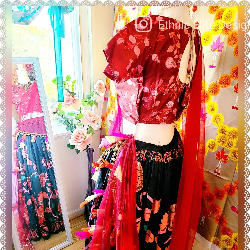Designer custom Chaniya choli with 5 meter flair in kalamkari print